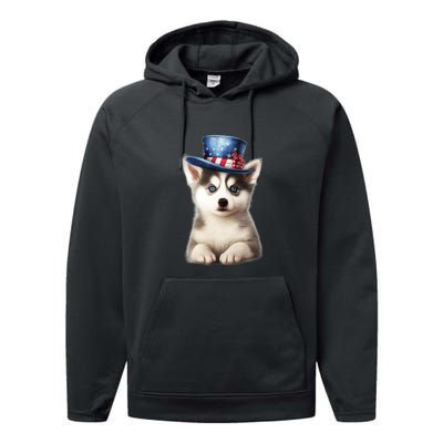 Husky Dog USA Flag Cute Husky Puppy Hat Huskies Performance Fleece Hoodie