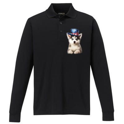 Husky Dog USA Flag Cute Husky Puppy Hat Huskies Performance Long Sleeve Polo