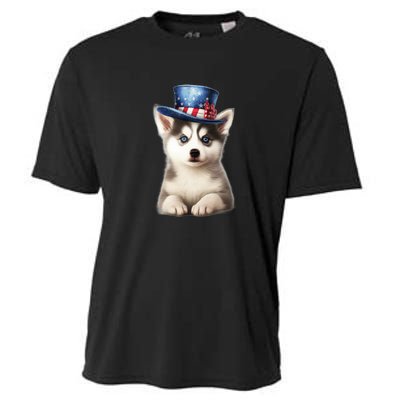 Husky Dog USA Flag Cute Husky Puppy Hat Huskies Cooling Performance Crew T-Shirt