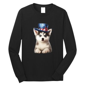 Husky Dog USA Flag Cute Husky Puppy Hat Huskies Long Sleeve Shirt