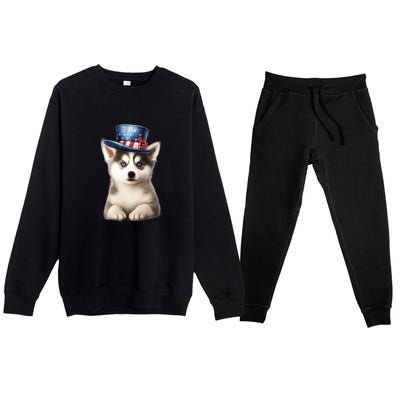 Husky Dog USA Flag Cute Husky Puppy Hat Huskies Premium Crewneck Sweatsuit Set