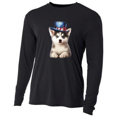 Husky Dog USA Flag Cute Husky Puppy Hat Huskies Cooling Performance Long Sleeve Crew