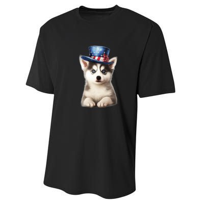 Husky Dog USA Flag Cute Husky Puppy Hat Huskies Performance Sprint T-Shirt