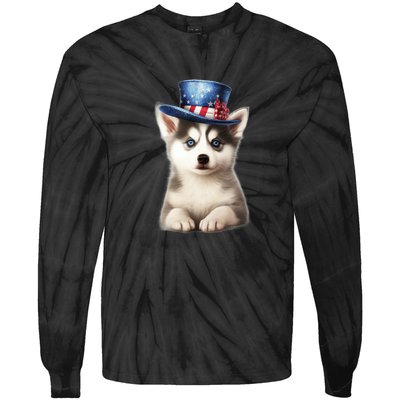 Husky Dog USA Flag Cute Husky Puppy Hat Huskies Tie-Dye Long Sleeve Shirt