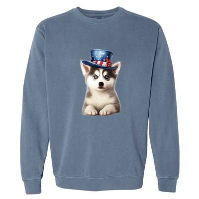 Husky Dog USA Flag Cute Husky Puppy Hat Huskies Garment-Dyed Sweatshirt