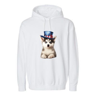 Husky Dog USA Flag Cute Husky Puppy Hat Huskies Garment-Dyed Fleece Hoodie