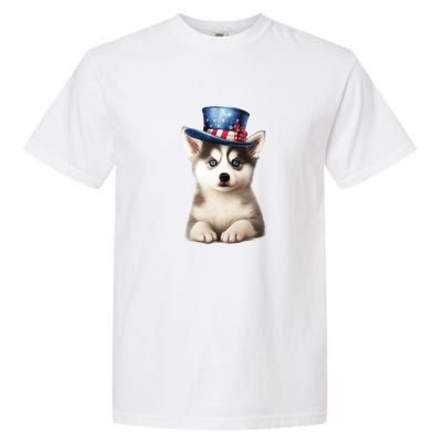 Husky Dog USA Flag Cute Husky Puppy Hat Huskies Garment-Dyed Heavyweight T-Shirt