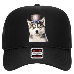 Husky Dog USA Flag Cute Husky Puppy Hat Huskies High Crown Mesh Back Trucker Hat