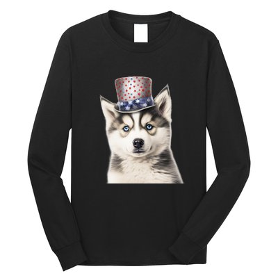 Husky Dog USA Flag Cute Husky Puppy Hat Huskies Long Sleeve Shirt