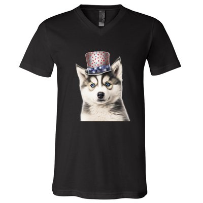 Husky Dog USA Flag Cute Husky Puppy Hat Huskies V-Neck T-Shirt