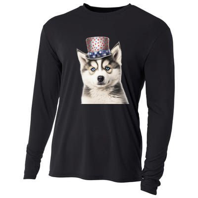 Husky Dog USA Flag Cute Husky Puppy Hat Huskies Cooling Performance Long Sleeve Crew