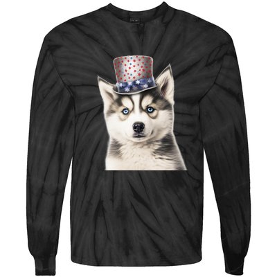 Husky Dog USA Flag Cute Husky Puppy Hat Huskies Tie-Dye Long Sleeve Shirt