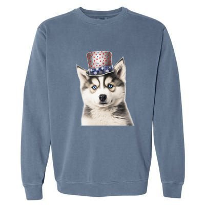 Husky Dog USA Flag Cute Husky Puppy Hat Huskies Garment-Dyed Sweatshirt