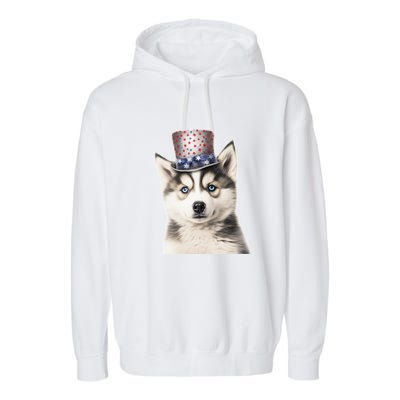 Husky Dog USA Flag Cute Husky Puppy Hat Huskies Garment-Dyed Fleece Hoodie