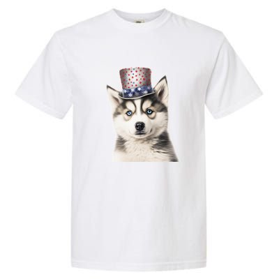 Husky Dog USA Flag Cute Husky Puppy Hat Huskies Garment-Dyed Heavyweight T-Shirt