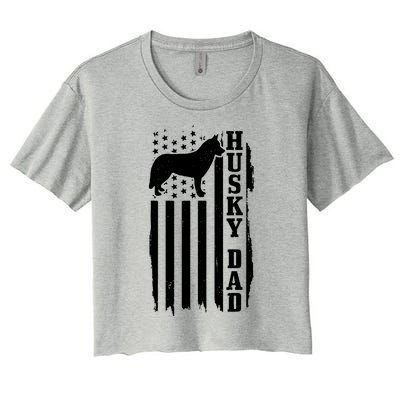 Husky Dad Vintage American Flag Patriotic Husky Dog Women's Crop Top Tee