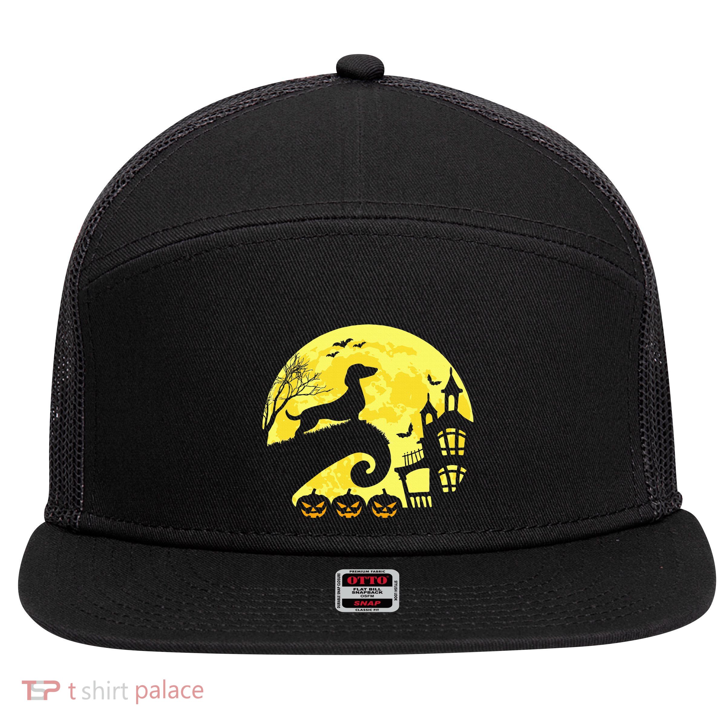 Halloween Dachshund Weenie Wiener Moonshine Sausage Dog 7 Panel Mesh Trucker Snapback Hat