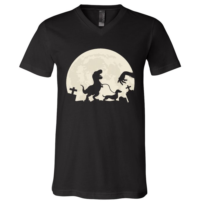 Halloween Dachshund Weenie Wiener Dinosaur Costume V-Neck T-Shirt