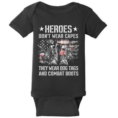 Heroes Don't Wear Capes They Wear Dog Tags And combat boots Baby Bodysuit