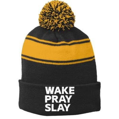 Harry Daniels Wearing Wake Pray Slay Stripe Pom Pom Beanie