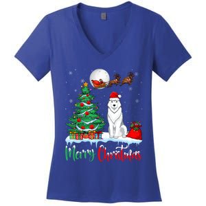 Husky Dog Wearing Santa Hat Xmas Merry Christmas Husky Gift Women's V-Neck T-Shirt