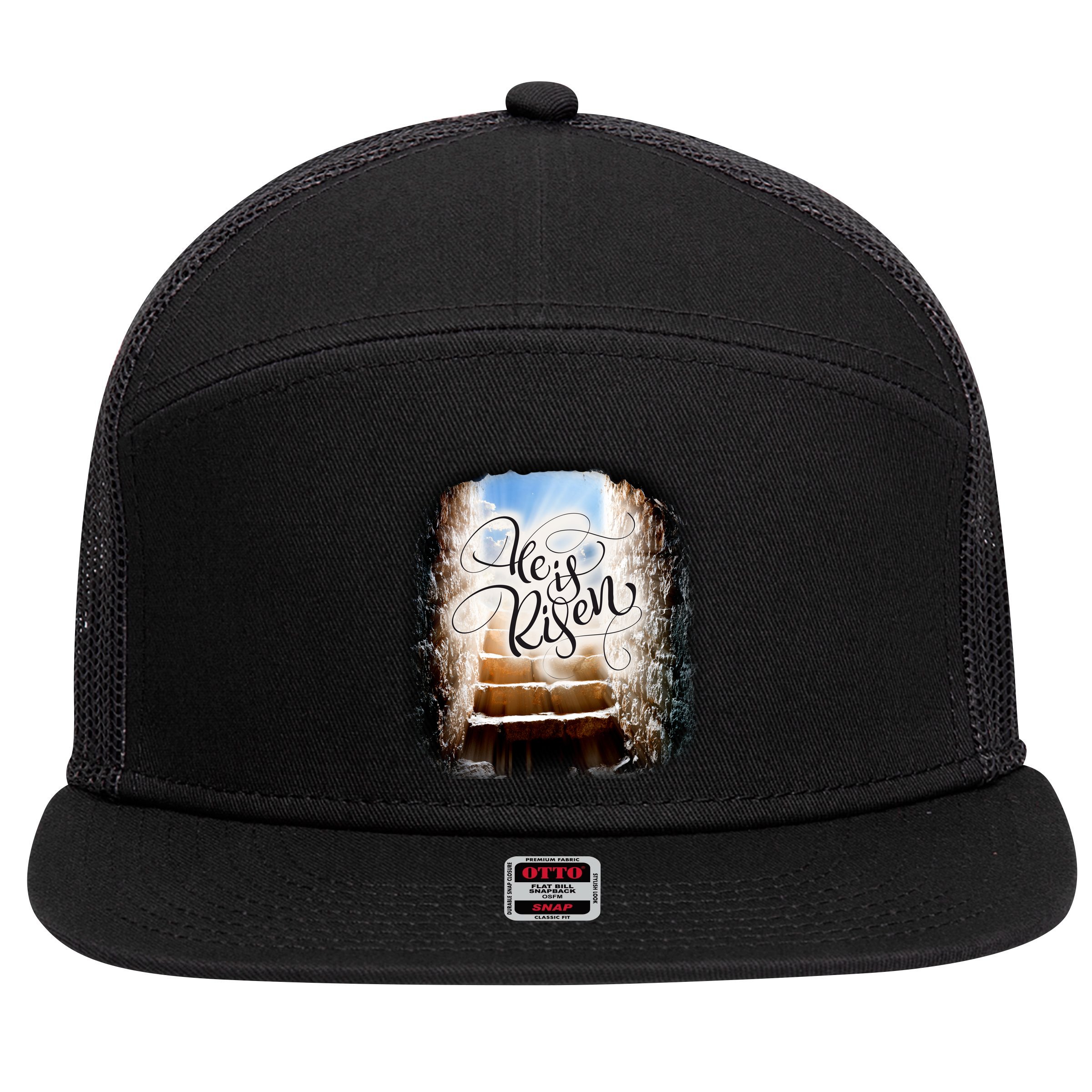 He Has Risen Jesus Christ Tomb 7 Panel Mesh Trucker Snapback Hat