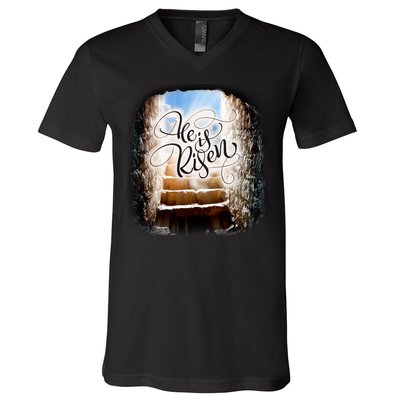 He Has Risen Jesus Christ Tomb V-Neck T-Shirt