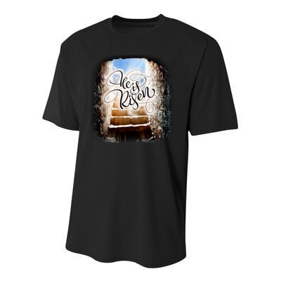 He Has Risen Jesus Christ Tomb Youth Performance Sprint T-Shirt