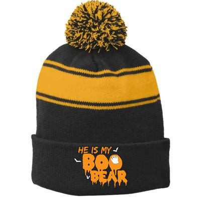 He Is My Boo Bear Stripe Pom Pom Beanie