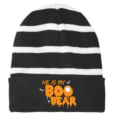 He Is My Boo Bear Striped Beanie with Solid Band