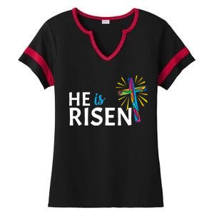 He Is Risen Colorful Cross Ladies Halftime Notch Neck Tee