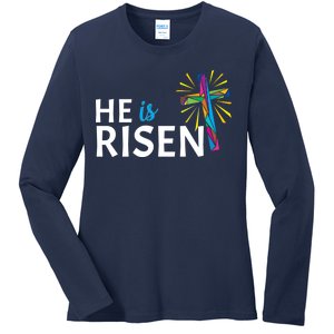 He Is Risen Colorful Cross Ladies Long Sleeve Shirt