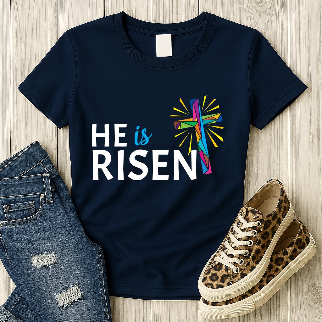 He Is Risen Colorful Cross Womens T-Shirt