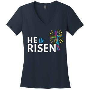 He Is Risen Colorful Cross Women's V-Neck T-Shirt