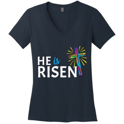He Is Risen Colorful Cross Women's V-Neck T-Shirt