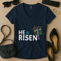 He Is Risen Colorful Cross Women's V-Neck T-Shirt