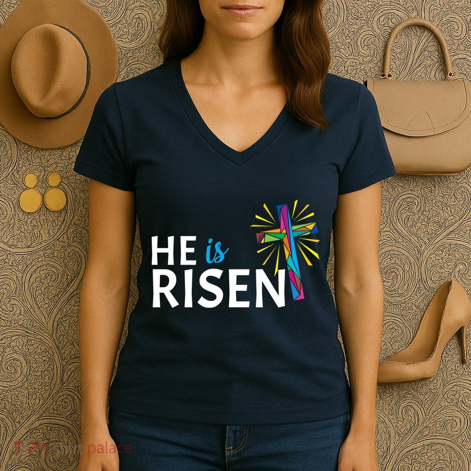 He Is Risen Colorful Cross Women's V-Neck T-Shirt