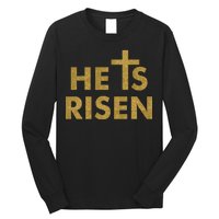 He Is Risen Jesus Savior Easter Gold Glitter Print Long Sleeve Shirt