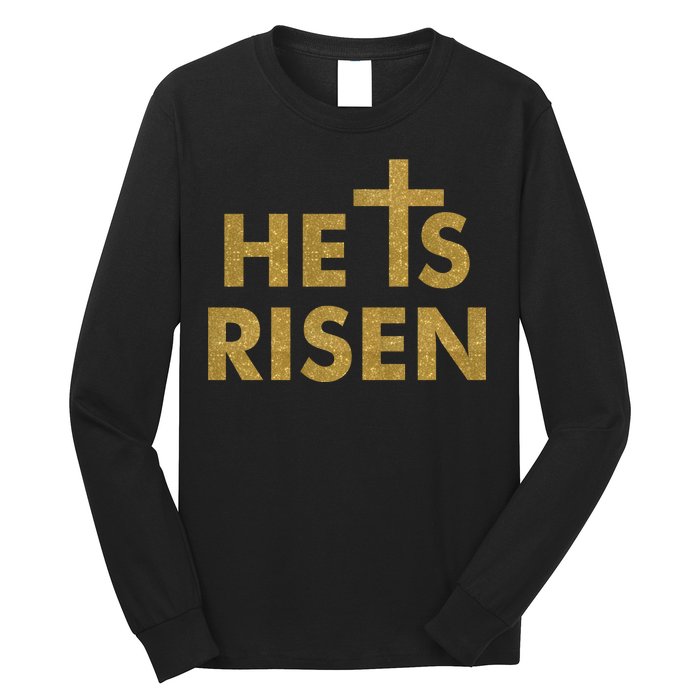 He Is Risen Jesus Savior Easter Gold Glitter Print Long Sleeve Shirt