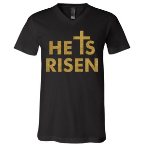 He Is Risen Jesus Savior Easter Gold Glitter Print V-Neck T-Shirt