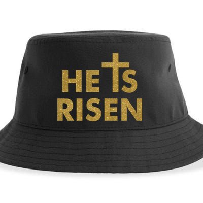 He Is Risen Jesus Savior Easter Gold Glitter Print Sustainable Bucket Hat