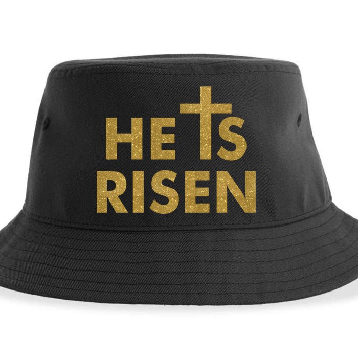 He Is Risen Jesus Savior Easter Gold Glitter Print Sustainable Bucket Hat