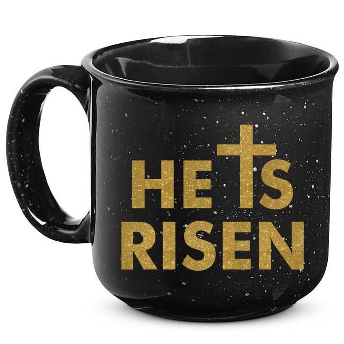 He Is Risen Jesus Savior Easter Gold Glitter Print 15oz Campfire Ceramic Mug