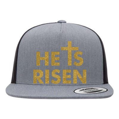 He Is Risen Jesus Savior Easter Gold Glitter Print Flat Bill Trucker Hat