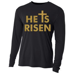 He Is Risen Jesus Savior Easter Gold Glitter Print Cooling Performance Long Sleeve Crew