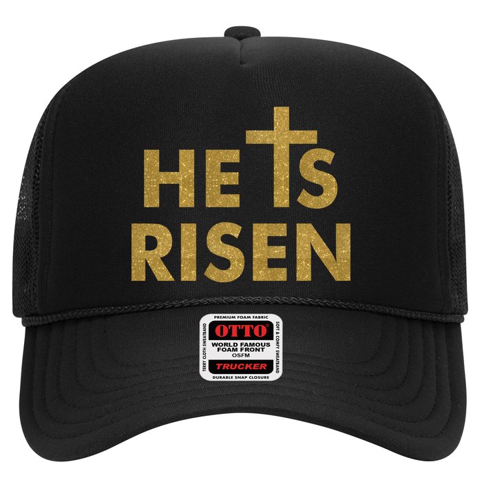 He Is Risen Jesus Savior Easter Gold Glitter Print Trucker Hat
