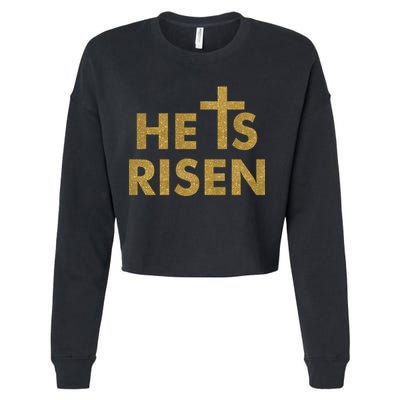 He Is Risen Jesus Savior Easter Gold Glitter Print Cropped Pullover Crew