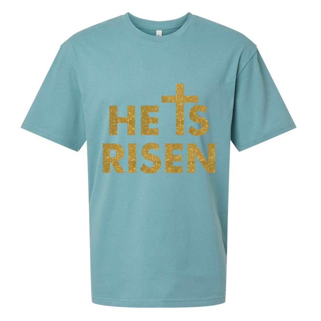 He Is Risen Jesus Savior Easter Gold Glitter Print Sueded Cloud Jersey T-Shirt