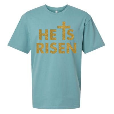 He Is Risen Jesus Savior Easter Gold Glitter Print Sueded Cloud Jersey T-Shirt