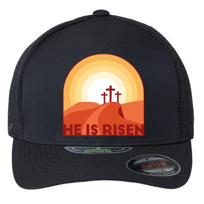 He Is Risen Sunset Jesus Christian Flexfit Unipanel Trucker Cap